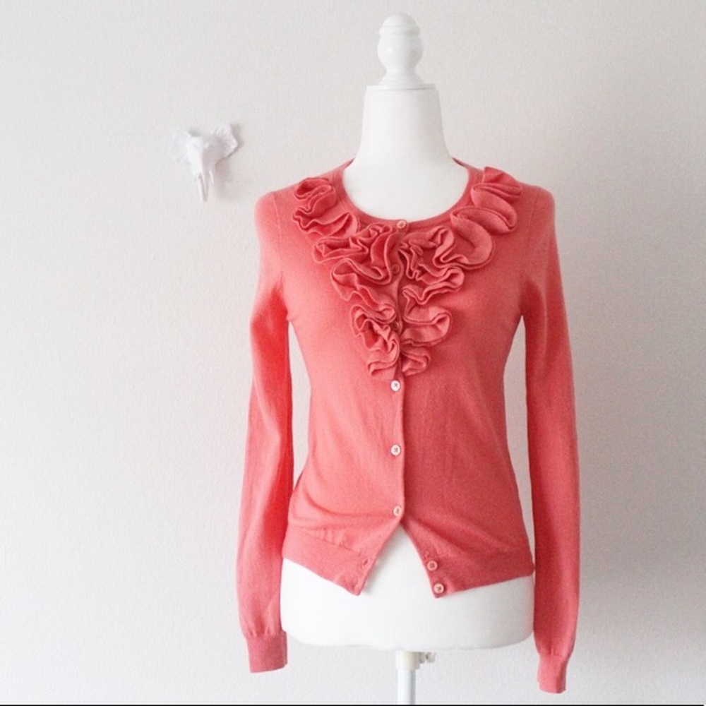 J Crew Wool Coral Ruffle Button Down Cardigan Top